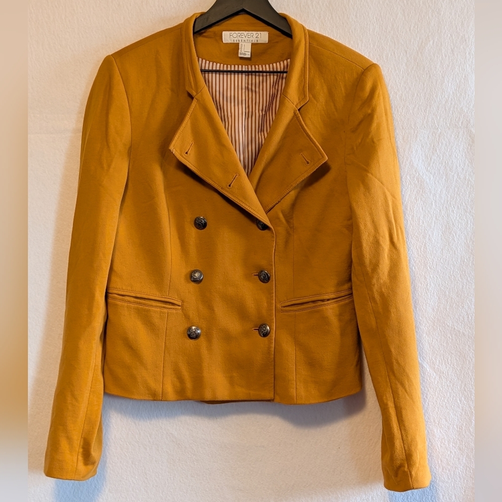 Forever 21 Women's Mustard Blazer Coat Large Double Breasted Jacket Cotton